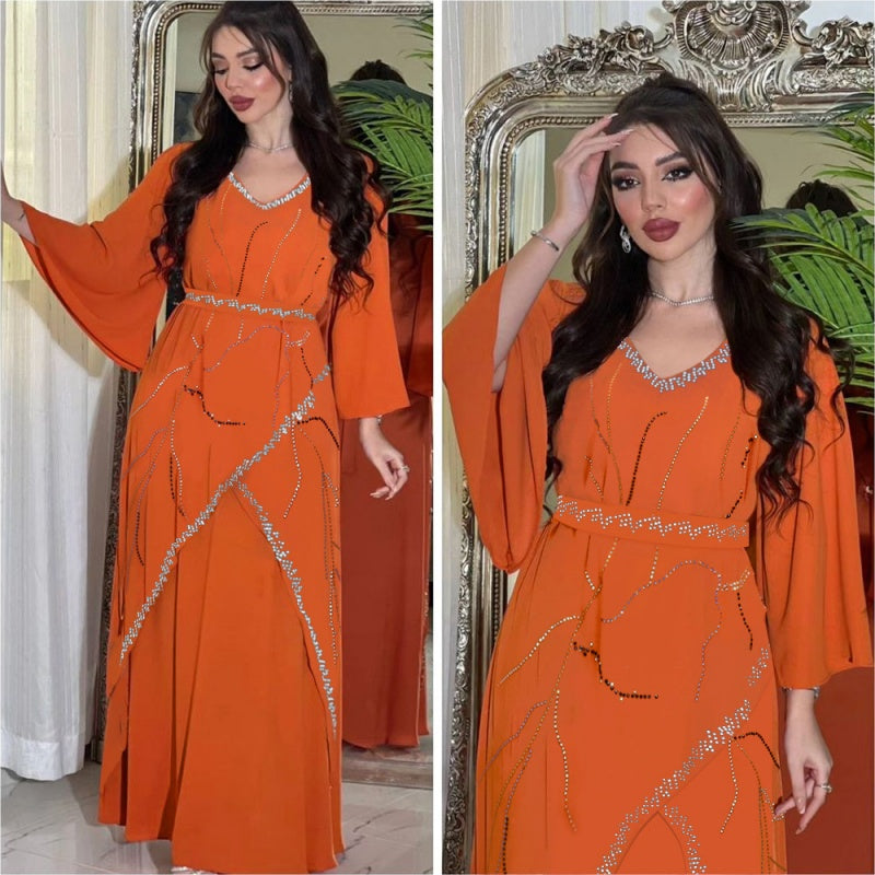 👗בגדי ריקוד נשים אלגנטית שרוול ארוך שמלה ארוכה עם חגורה