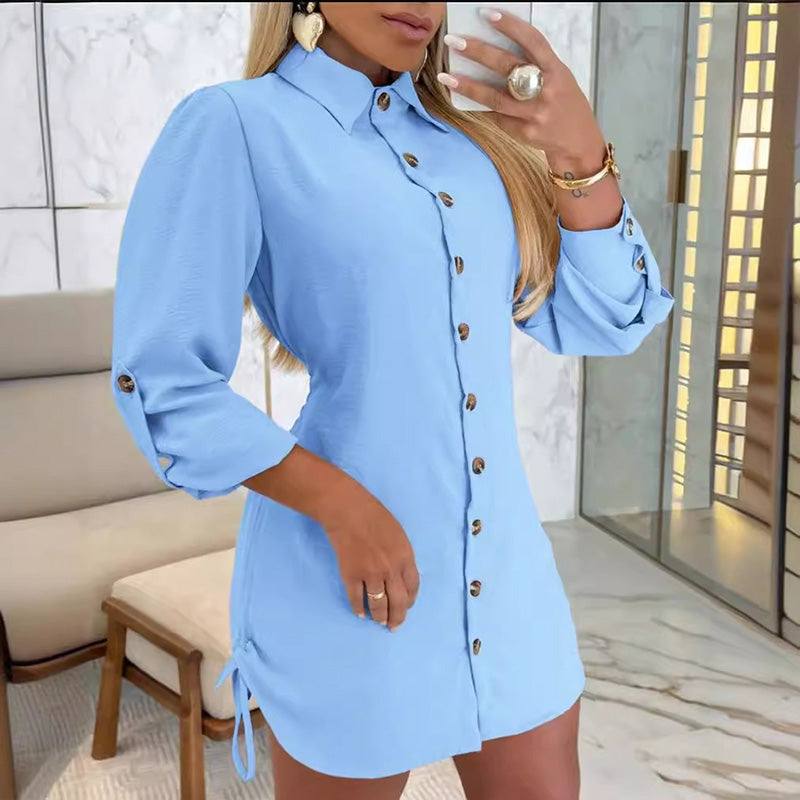 Women's Lapel Button-Down Side Drawstring Shirt Dress